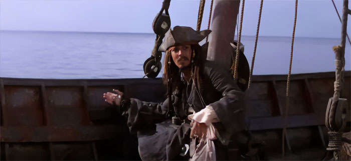 Jack Sparrow on a pirate ship preparing to jump overboard, capturing the spirit of Pirates of the Caribbean quotes.