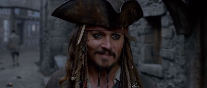 Jack Sparrow smiling in pirate attire, evoking iconic Pirates of the Caribbean quotes and adventurous treasure themes.