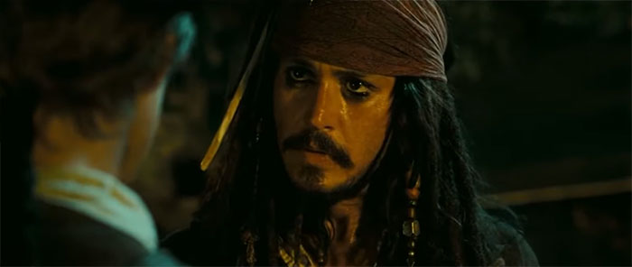 Jack Sparrow in a serious conversation, capturing the essence of Pirates of the Caribbean quotes and treasure themes.
