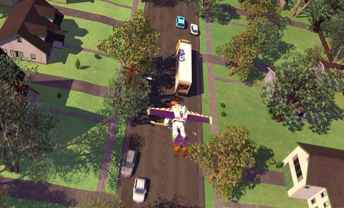 Buzz Lightyear flying over the street