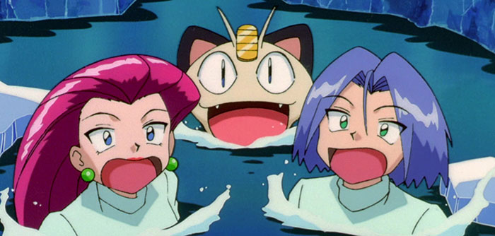 Meowth, Jessie, and James with mouths open in the cold water - 10