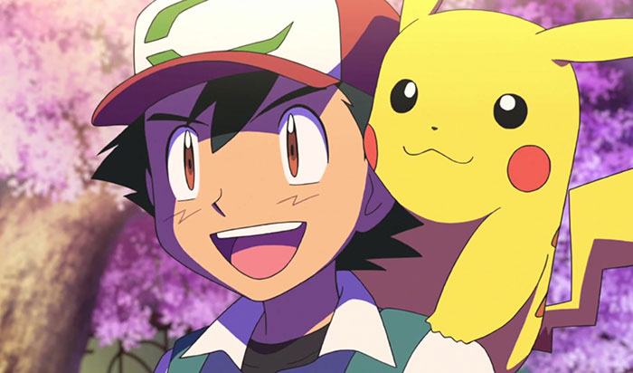 Ash Ketchum is happy with Pikachu on his back and pink trees in the background - 24
