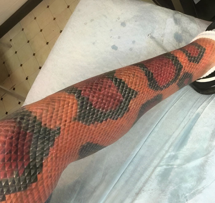 Leg tattoo with red and black snake pattern, suggesting an unusual tattoo choice.
