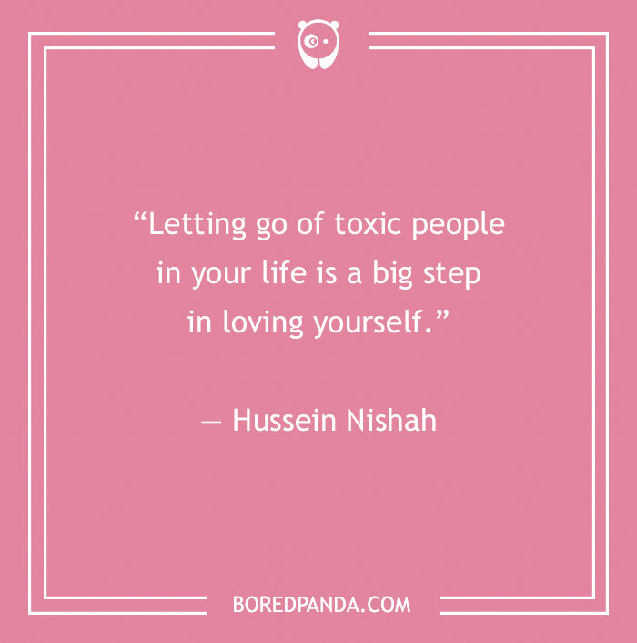 Quote on letting go of toxic people to love yourself, pink background.