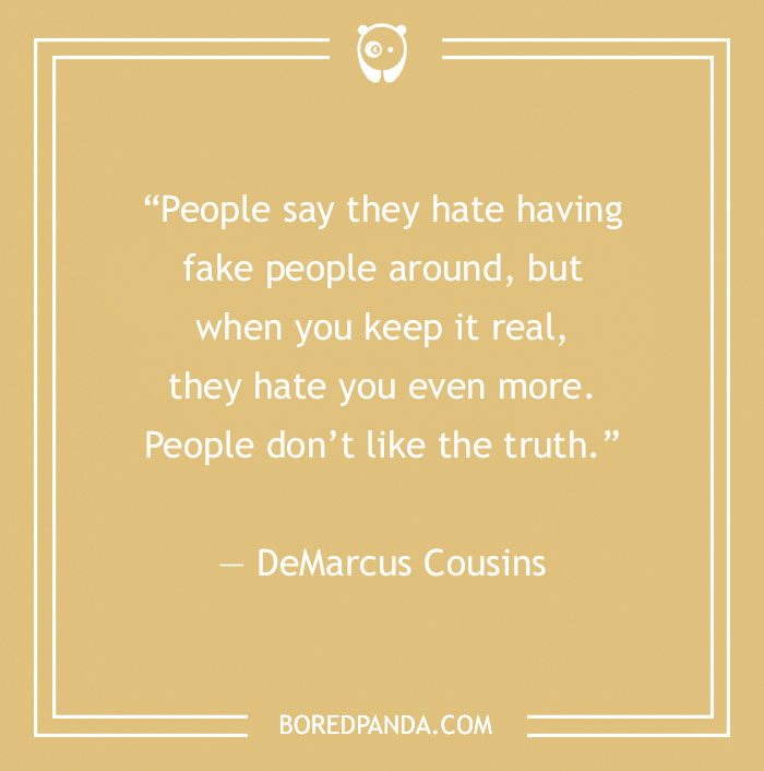 Quote about fake people by DeMarcus Cousins on a beige background.