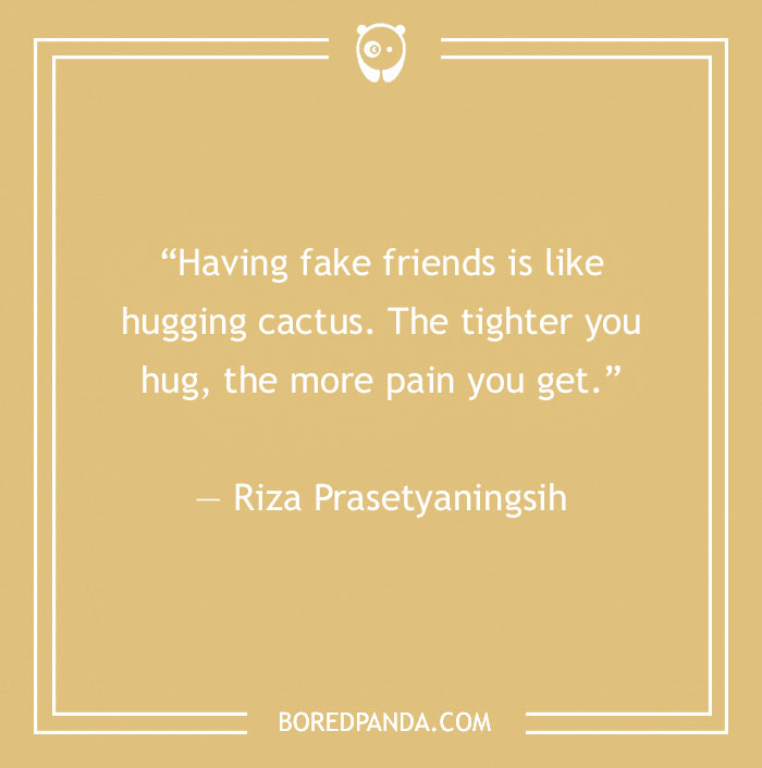 Quote about fake friends by Riza Prasetyaningsih on a beige background.