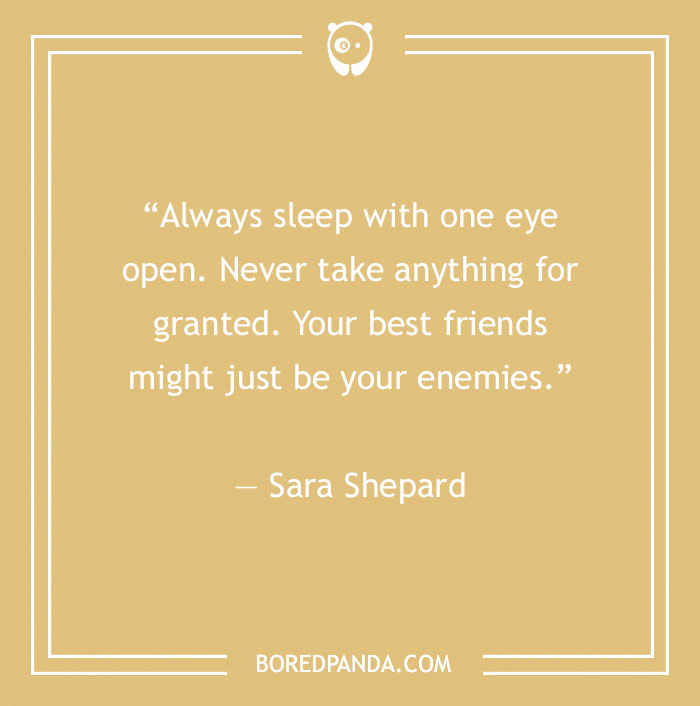 Quote about fake people by Sara Shepard on a beige background with Bored Panda logo.