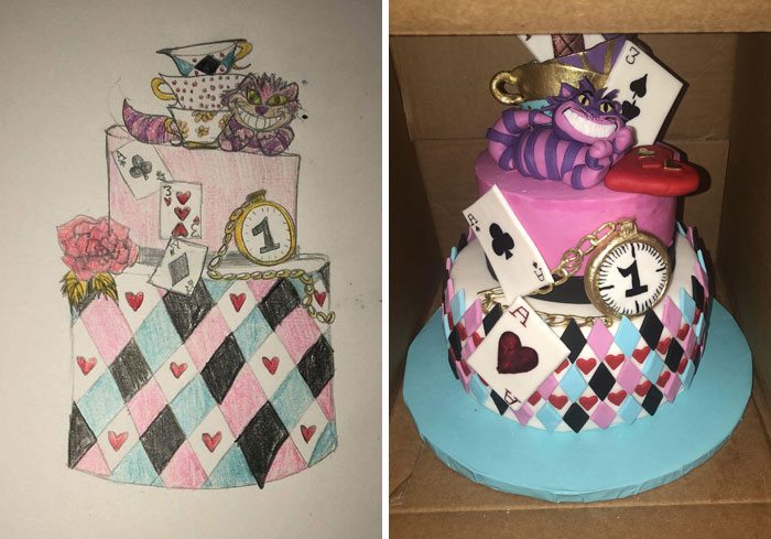 El esbozo de la tarta que quería hacer VS la realidad. Estoy orgullosa