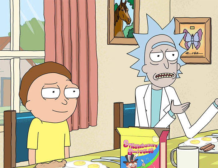 Rick and Morty wearing yellow shirt and white lab coat