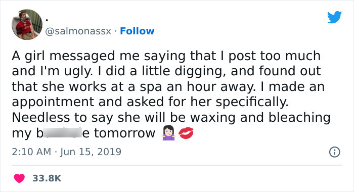 Humorous tweet from a meme page about a unique spa appointment interaction.