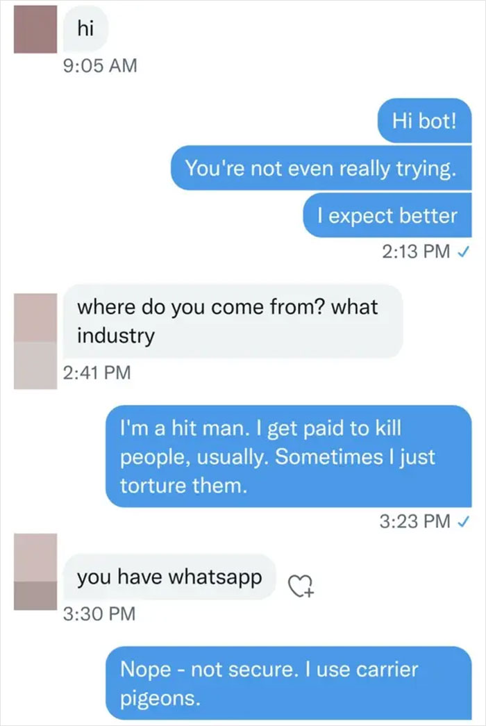 Chat messages showing scammers getting baited with humorous replies in a scammer baiting conversation.