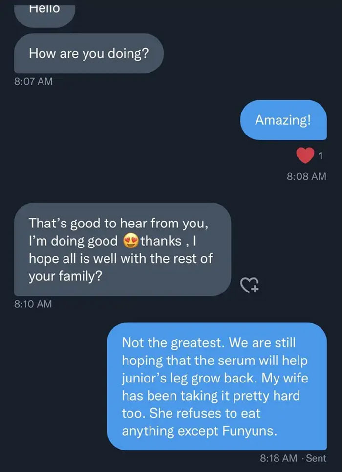 Screenshot of a text conversation showing a scammer being baited and messages about a serum and family hardship.