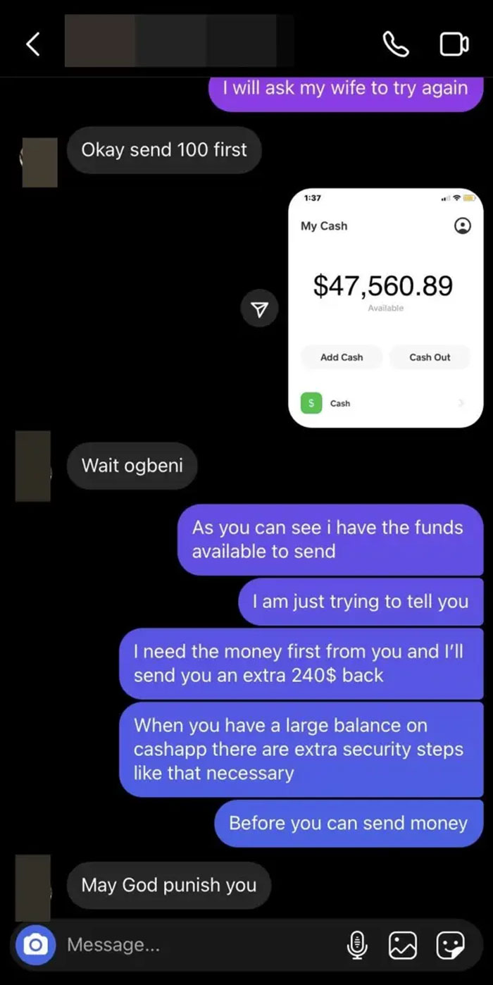 Chat messages showing scammers being baited with proof of funds in a conversation exposing scammer deception and tactics.