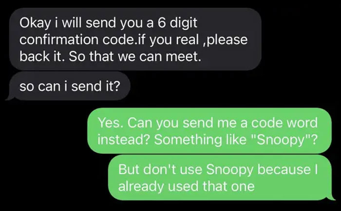 Text message exchange where a scammer tries to send a confirmation code but gets baited by a clever reply, highlighting scammers destroyed.