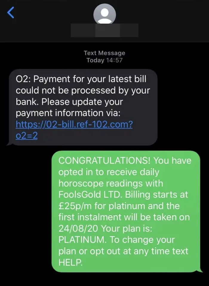 Screenshot of a scam text message attempt and a witty reply baiting scammers in a scammer baiting conversation.