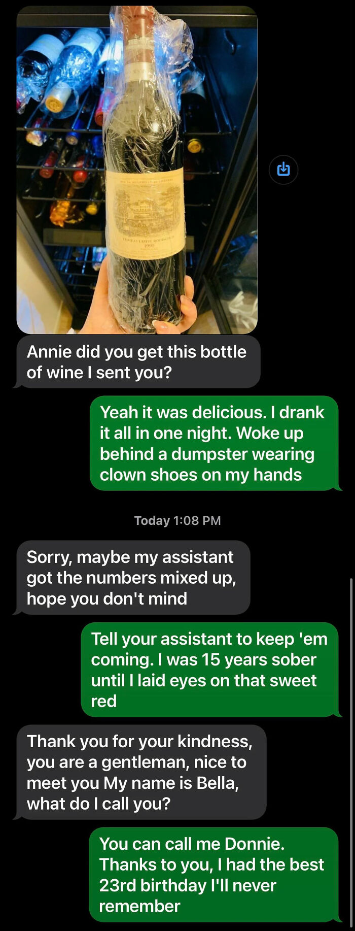 Text conversation showing a scammer who got baited about a bottle of wine and humorously 'destroyed' in the exchange.