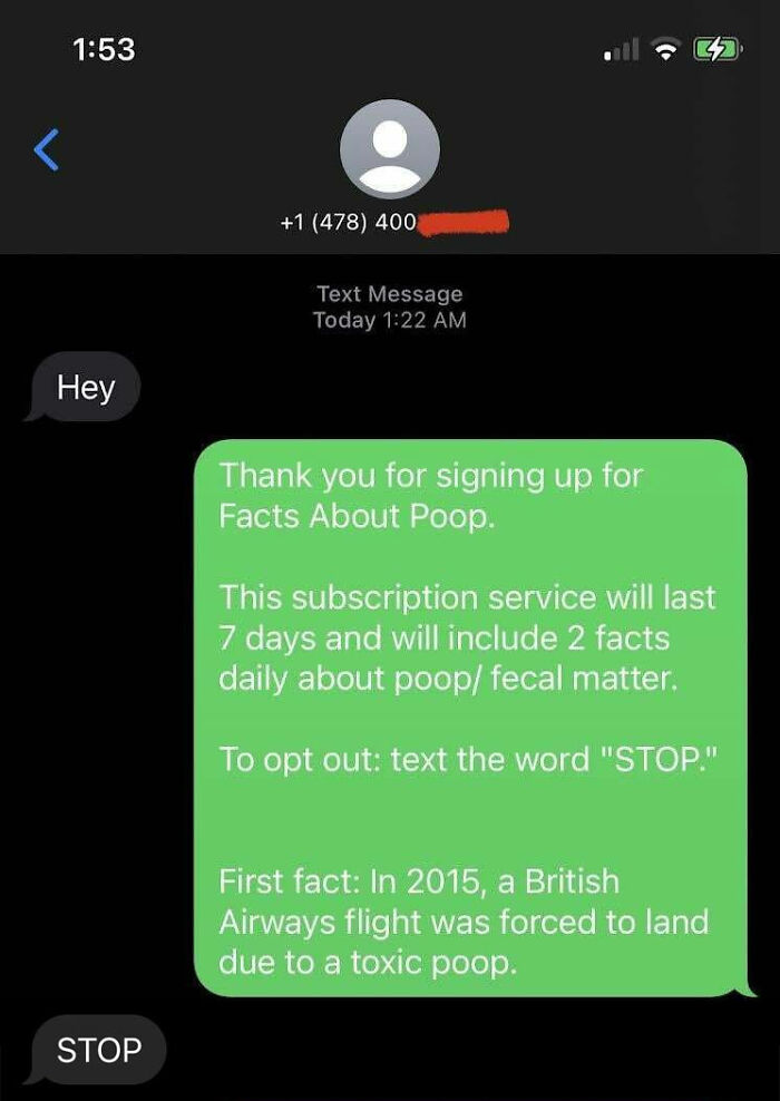 Text exchange showing a scammer tricked with a fake subscription about p**p facts in a bait and destroy scam.