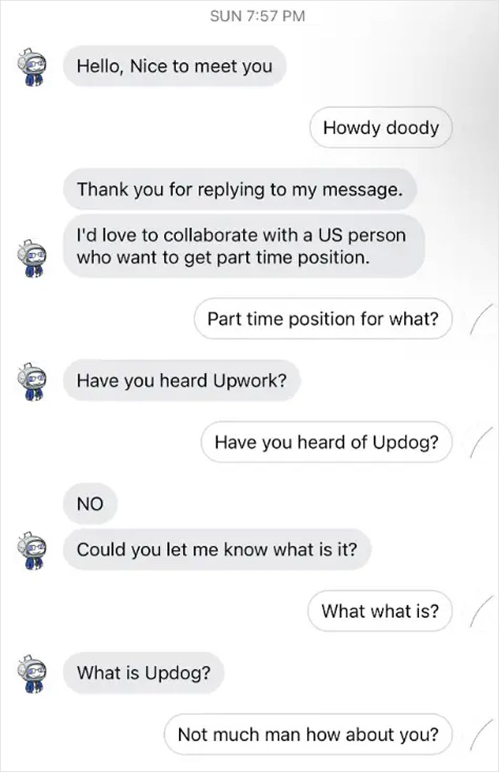 Chat conversation showing scammers getting baited and destroyed with a classic Updog scam joke exchange.