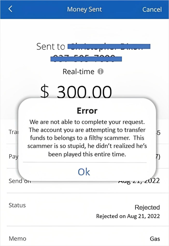 Error message on payment app rejecting transfer to scammer, highlighting scammers baited and destroyed by victims.
