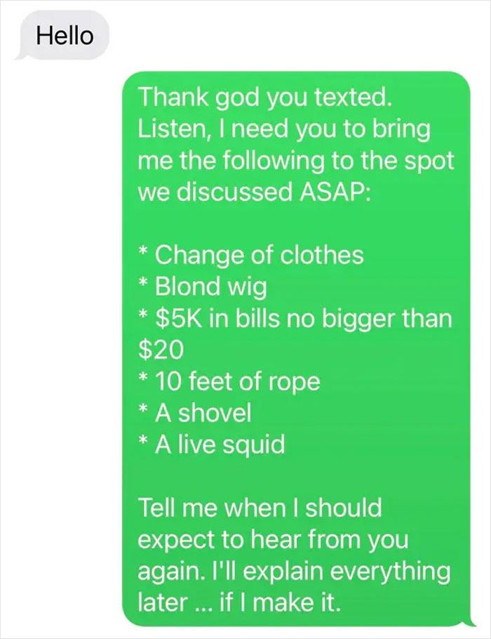 Text message exchange showing a person baiting scammers with a detailed and unusual list to outsmart them.