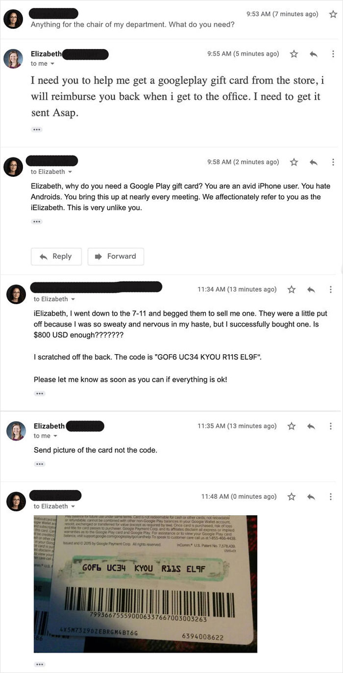 Email exchange revealing scammers getting baited with fake Google Play gift card code to expose their scam attempt.