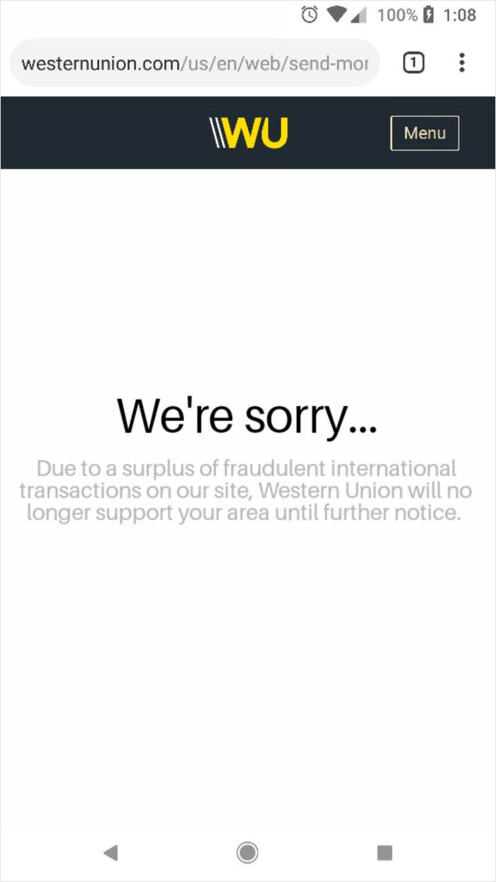 Western Union website shows error message blocking fraudulent transactions, highlighting scammers baited and destroyed by users.