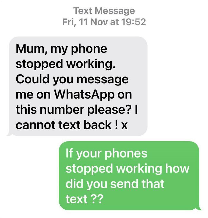 Text messages showing a scammer trying to trick a victim, exposed and destroyed by quick-witted reply.