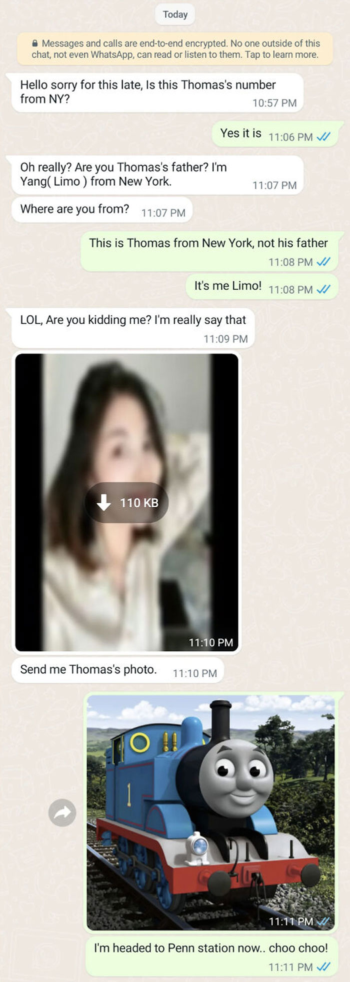 Screenshot of a WhatsApp chat where a scammer is baited with a Thomas the Tank Engine image in a scammer baiting message.