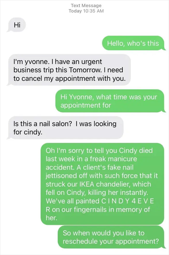 Text message exchange showing a scammer being baited and destroyed with a fake story about a manicure accident.