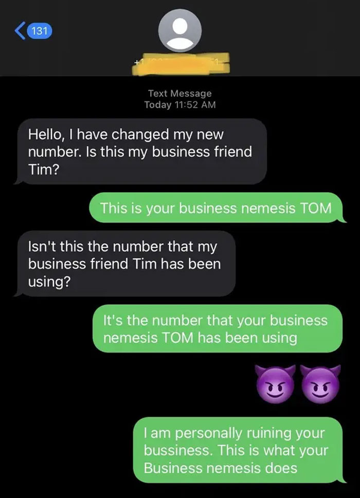 Text message exchange showing a scammer confronted by their business nemesis exposing the scam with bold replies and emojis.