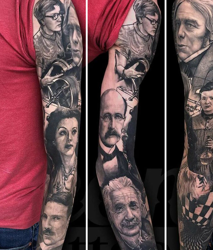 Sleeve of science tattoos featuring portraits of renowned scientists.