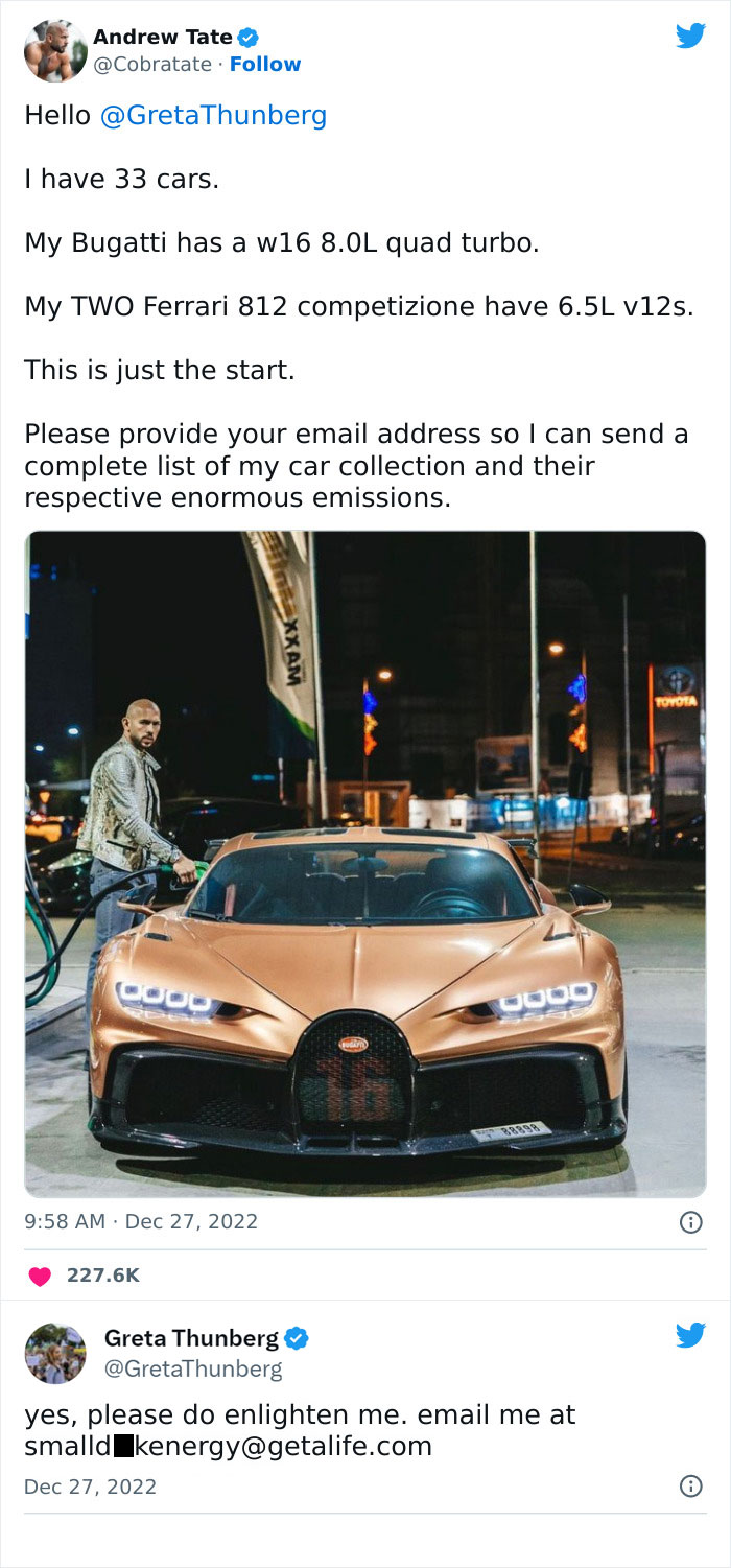 Carbrain Andrew Tate Taunts Greta Thunberg On Twitter. Greta Doesn't Hold Back In Her Response