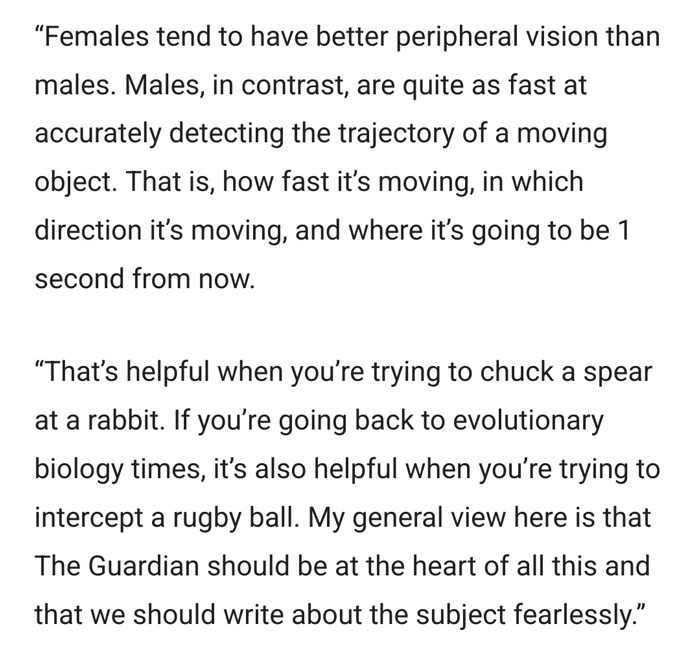 Guardian Chief Sports Writer: Cis Women Are Bad At Rugby Because They Didn't Evolve To Throw Spears