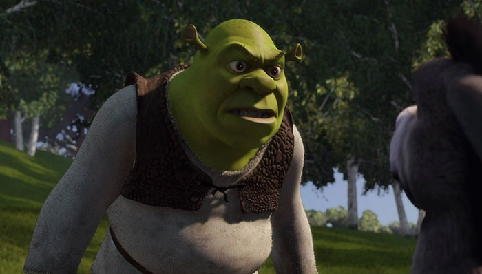Shrek angry and confrontational in a forest setting, representing iconic Shrek quotes from the deep swamp.