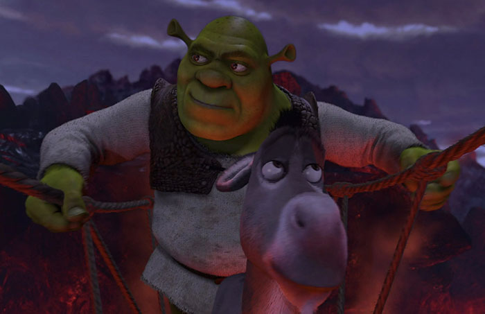 Shrek and Donkey cautiously crossing a rickety bridge in the swamp, capturing iconic Shrek quotes atmosphere.