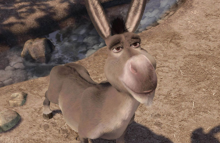 Donkey character from Shrek looking funny near a swamp, capturing humor from Shrek quotes about the deep swamp.