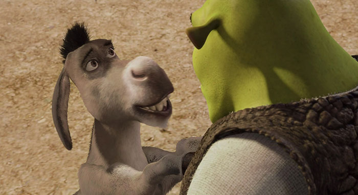 Donkey and Shrek from the deep swamp scene, featuring memorable quotes from the beloved animated film.