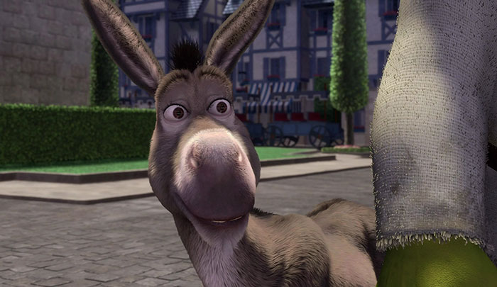 Donkey smiling in a lively town setting, a memorable character from Shrek quotes from the deep swamp.