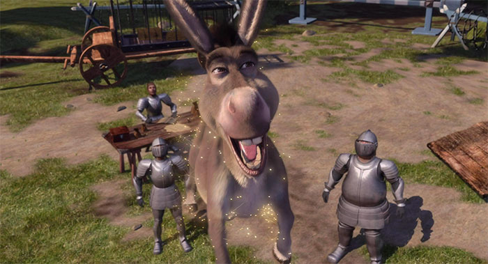 Donkey flying with sparkles around him while knights stand nearby in a scene inspired by Shrek quotes from the deep swamp.