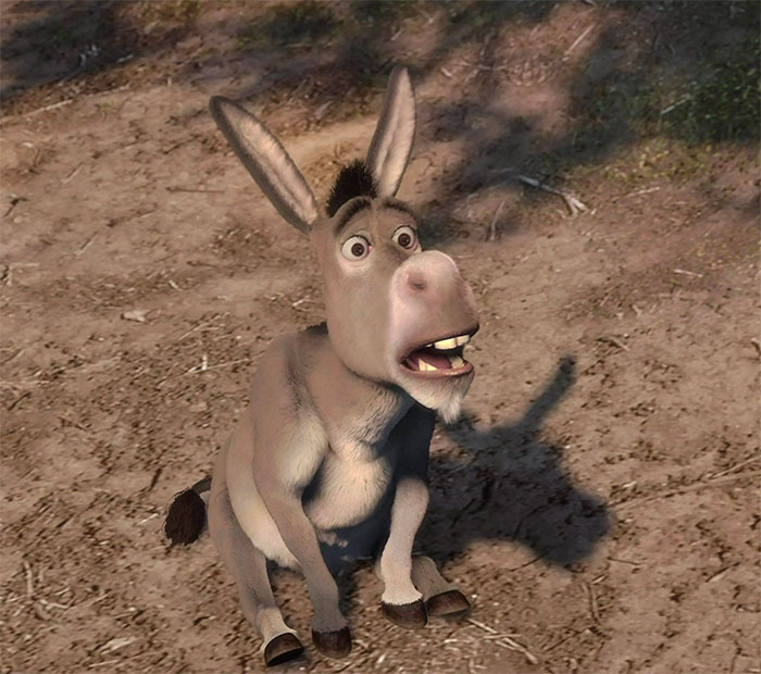 Donkey from Shrek looking confused on a dirt ground, representing popular Shrek quotes from the deep swamp.