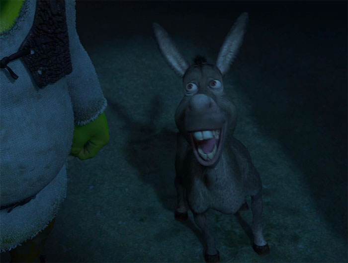 Donkey smiling brightly near Shrek in a dark swamp scene inspired by Shrek quotes from the deep swamp.