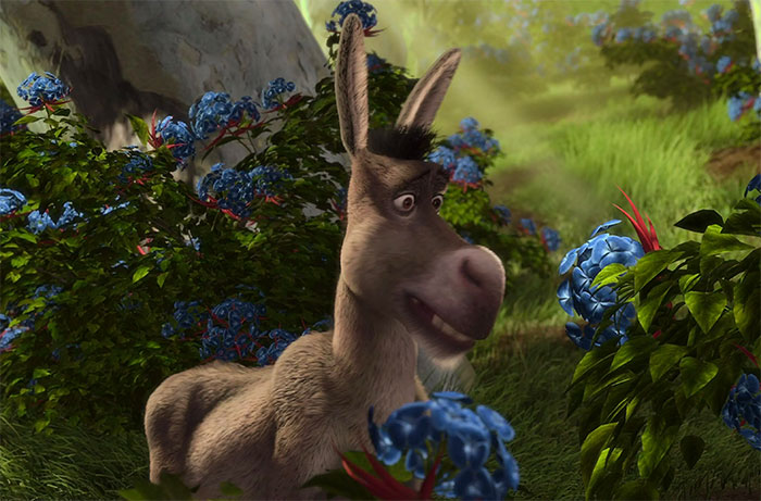 Donkey from Shrek exploring a vibrant swamp filled with blue flowers amid lush greenery in a deep swamp scene.