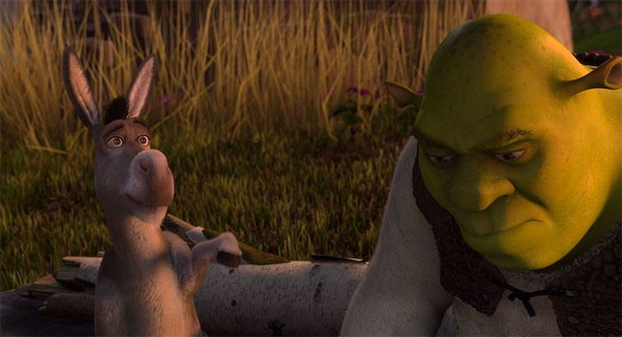 Donkey and Shrek talking in the swamp, capturing iconic Shrek quotes from the deep swamp setting.