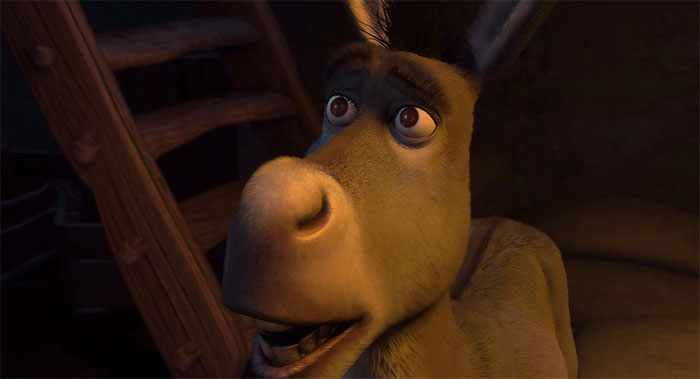 Donkey from Shrek looking up with curiosity in a dimly lit swamp setting, capturing iconic Shrek quotes mood.