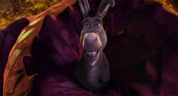 Donkey and dragon from Shrek having a conversation in the deep swamp setting, featuring popular Shrek quotes.