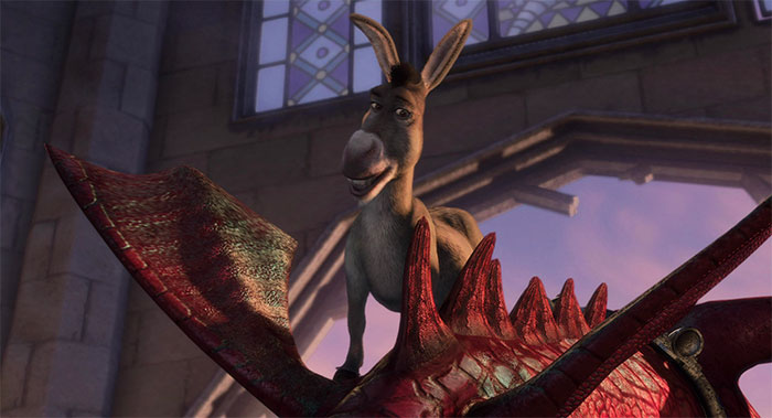 Donkey riding on a dragon in an animated scene from Shrek, representing quotes from the deep swamp.