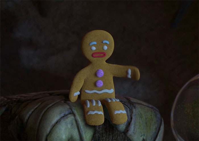 Gingerbread Man sitting and watching TV, a memorable character from Shrek quotes in the deep swamp.