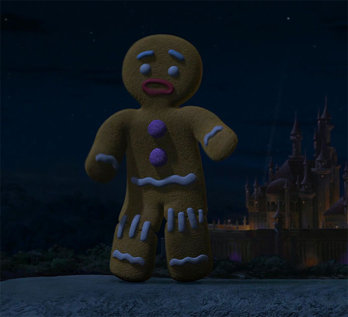 Gingerbread Man from Shrek in the dark swamp, watching and talking with Shrek near a distant castle.
