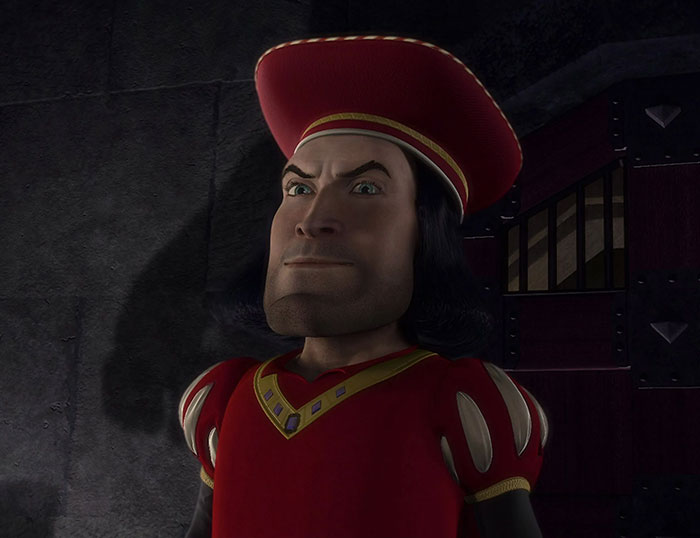 Lord Farquaad watching intently in a dark room, character from Shrek quotes that come from the deep swamp.