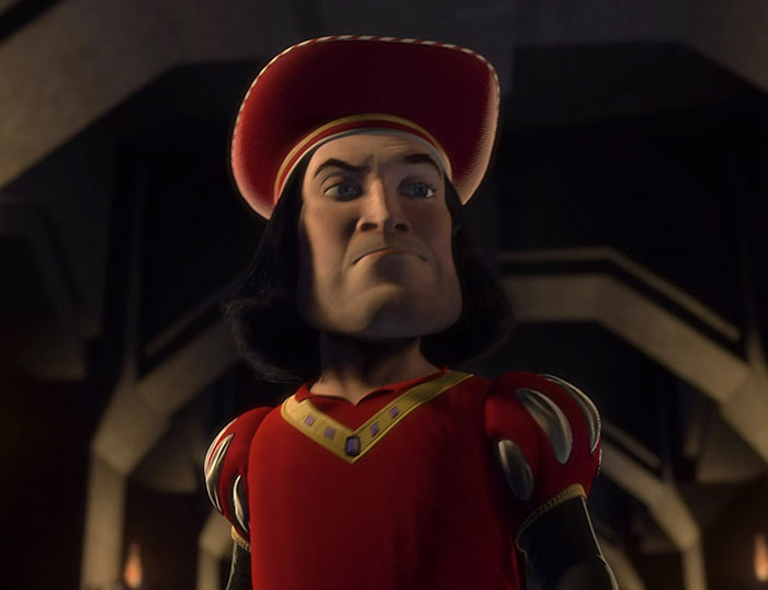 Lord Farquaad in a red outfit speaking in a dark castle setting from popular Shrek quotes about the deep swamp.